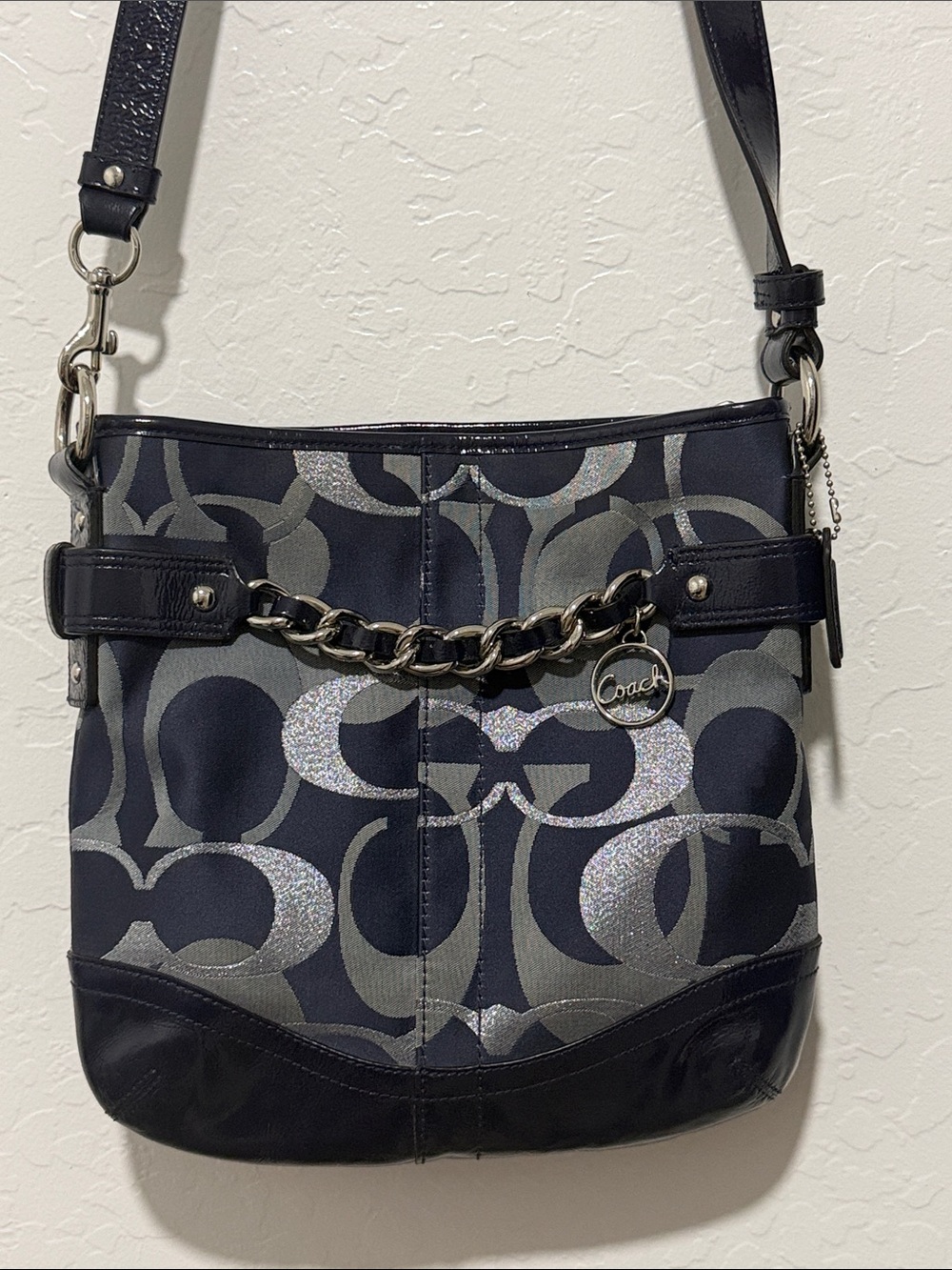 Coach Signature Op Art Metallic Chain Convertible Crossbody